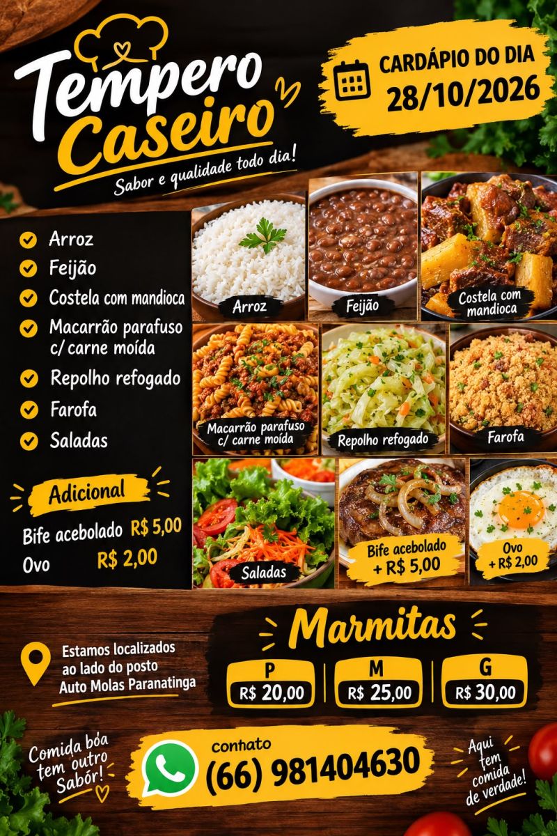Tempero Caseiro - Cardápio do Dia 28/10/2026